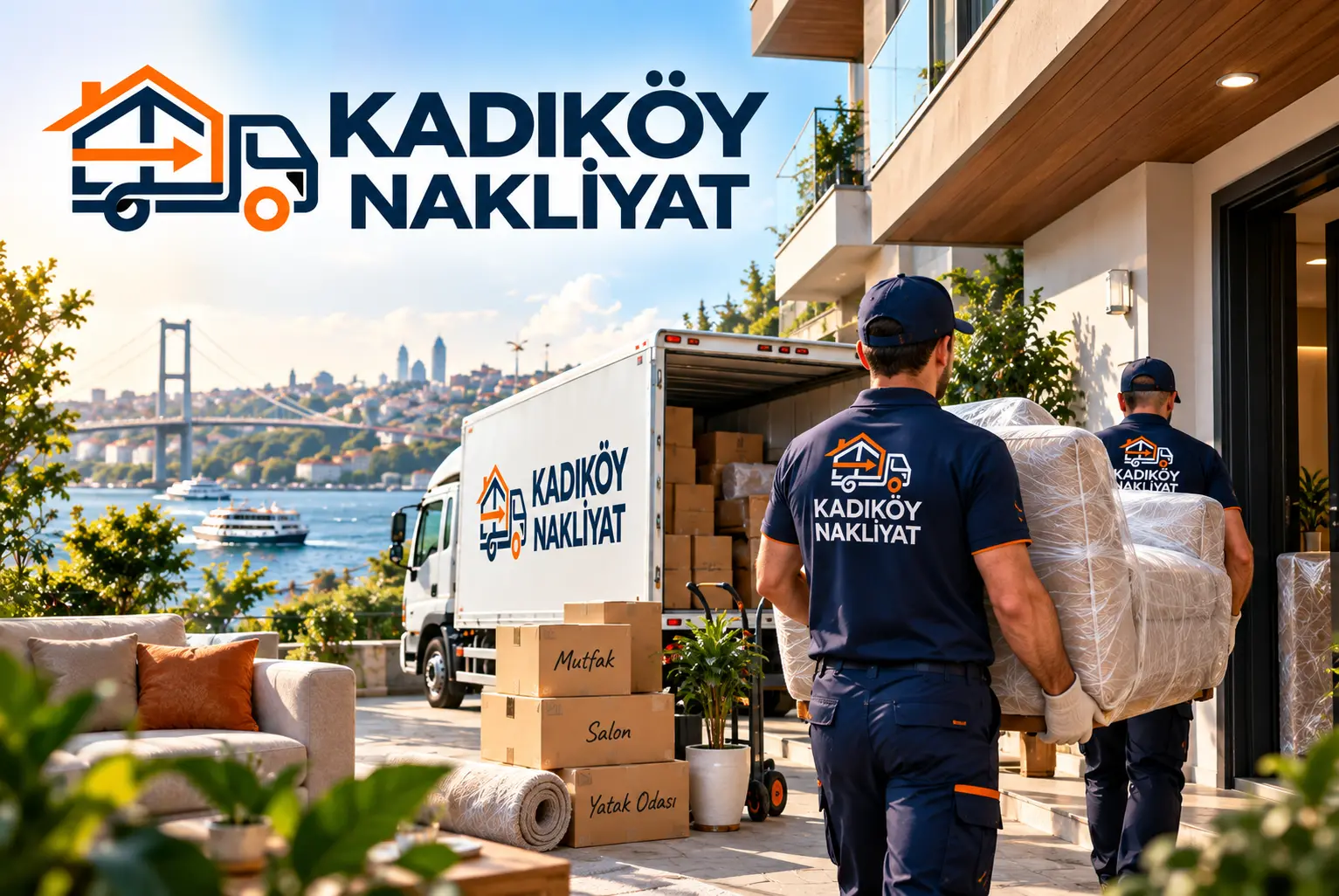 Kadıköy evden eve nakliyat için paketlenmiş mobilyaları taşıyan ekip ve nakliye aracı